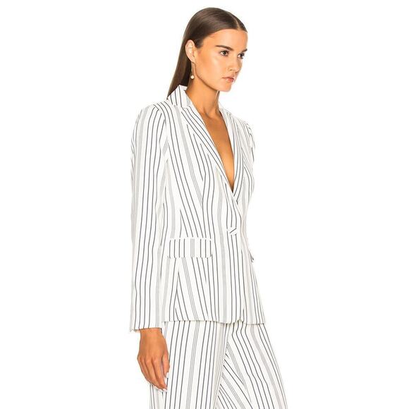 FRAME Striped Button-Front Crepe True Blazer Jacket Off White Navy Blue Size 2 - Picture 2 of 12